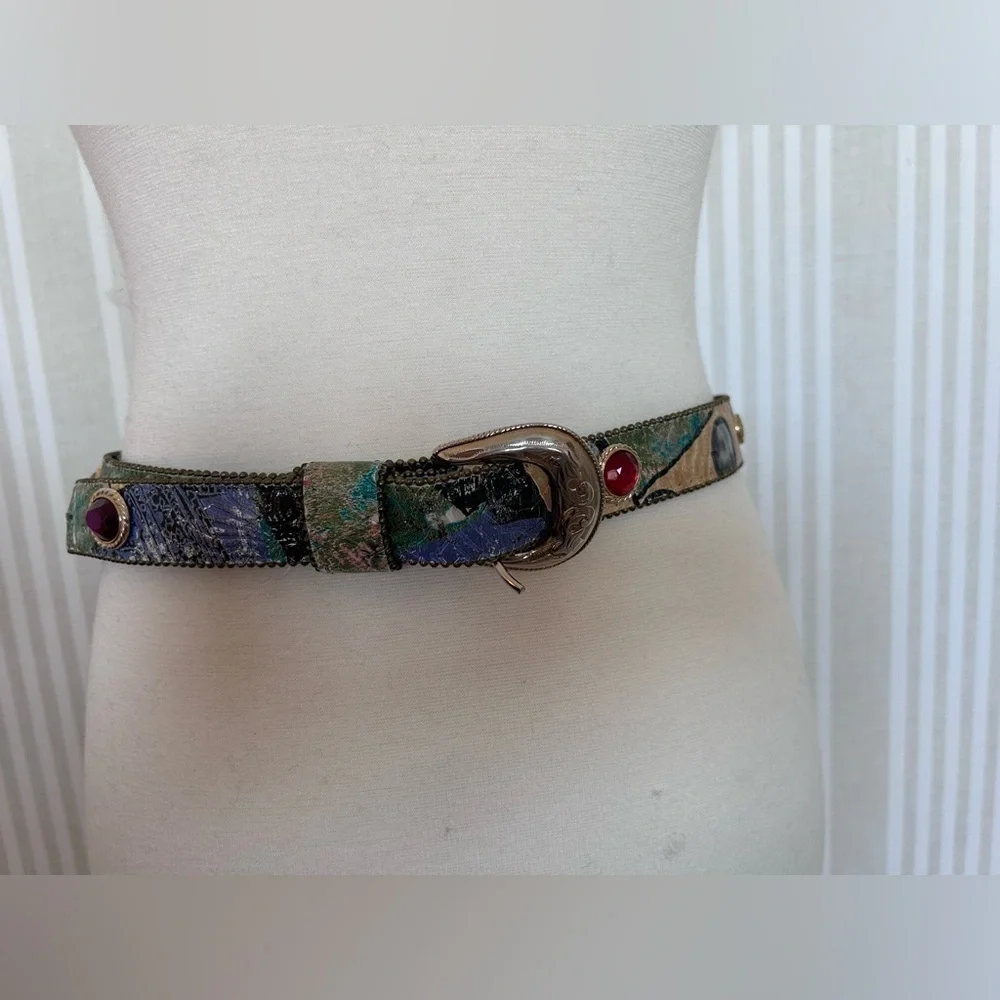 Elite Fresno California Belt Vintage Multicolor Gemstone Gold Beaded Edge Large